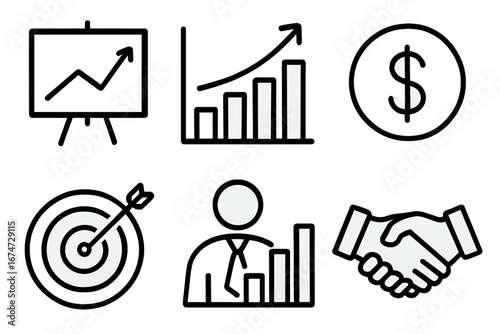 Line icons representing business growth, finance, and teamwork business result icons