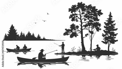 Fishermen in canoes fishing on lake with forest trees silhouette Outdoor nature recreation peaceful summer landscape