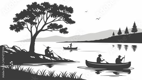 Fishermen on a lake in nature, canoeing and fishing. Outdoor recreation and leisure scene with mountains and trees silhouette.