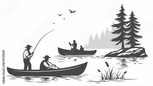 Men fishing and canoeing on a lake in nature. Outdoor recreation and summer adventure in a vintage black and white illustration.