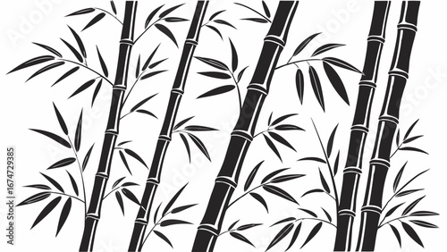 Black and white bamboo plant vector illustration. Asian nature background with zen forest stalks and leaves pattern design.