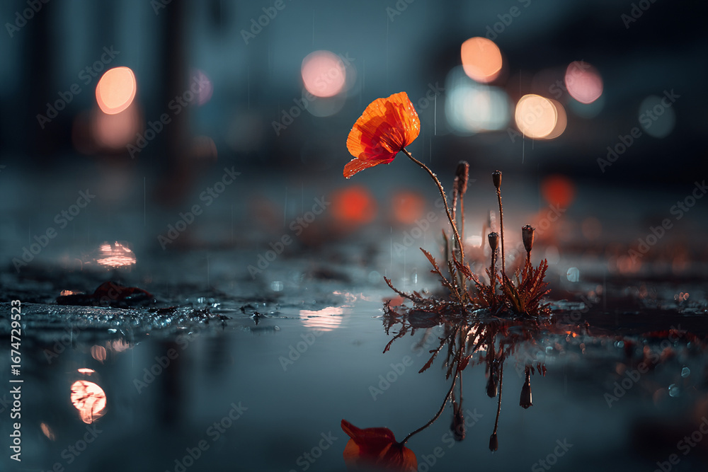 Fototapeta premium Single Poppy Blooms in Reflective Puddle Amidst Urban Bokeh Lights