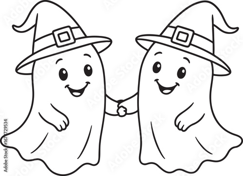 Two Friendly Cartoon Ghosts Holding Hands Wearing Witch Hats Black and White Line Art Illustration Perfect for Halloween Coloring Books and Spooky Designs
