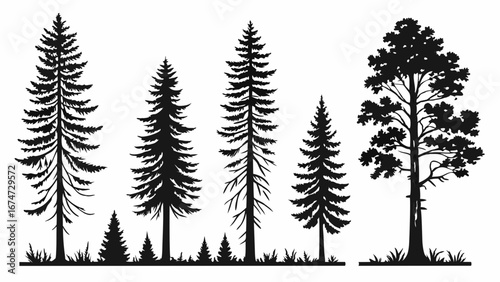 Forest tree silhouettes set. Pine spruce evergreen trees. Nature woodland landscape vector graphic design elements isolated.