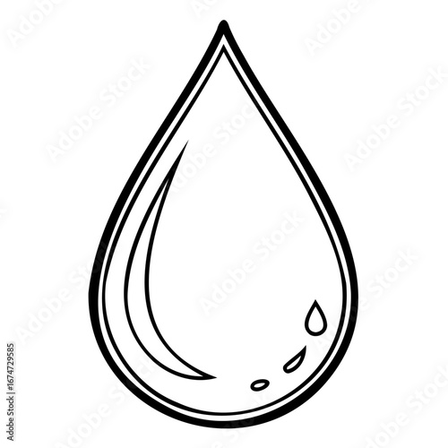 A simple black and white line drawing of a large water droplet with smaller droplets falling from it, isolated