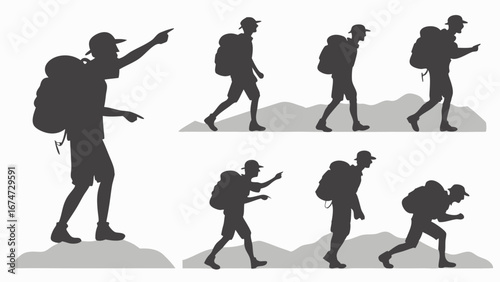 Silhouettes of hikers backpacking and trekking on a mountain trail. Outdoor adventure, travel, and exploration concept.