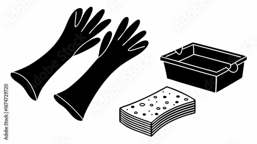 Rubber cleaning gloves, sponges, and plastic tub. Essential household cleaning supplies for home hygiene and chores.