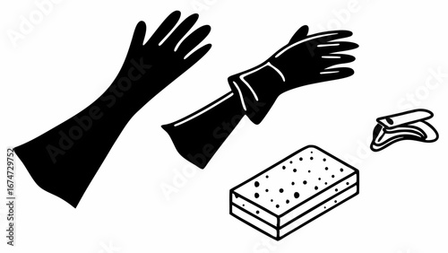 Black rubber cleaning gloves, sponge, and essential household cleaning tools for domestic chores, home hygiene, and protection.