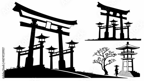 Torii gate and pagoda silhouettes. Traditional Japanese architecture, tree, and person. Asian culture vector art.