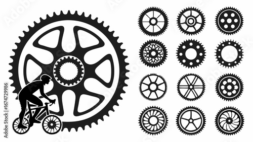 Bicycle gear and cyclist silhouette vector design. Cycling sport icons, bike parts, and mechanical sprockets collection.