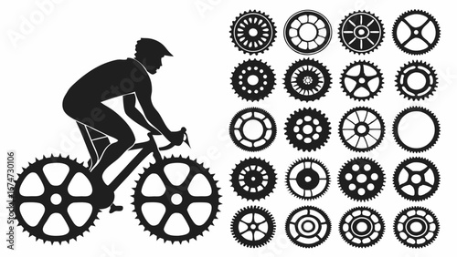 Cyclist silhouette with bicycle gears and sprockets vector illustration. Bike rider, cycling sport, mechanical parts, cogwheels set.