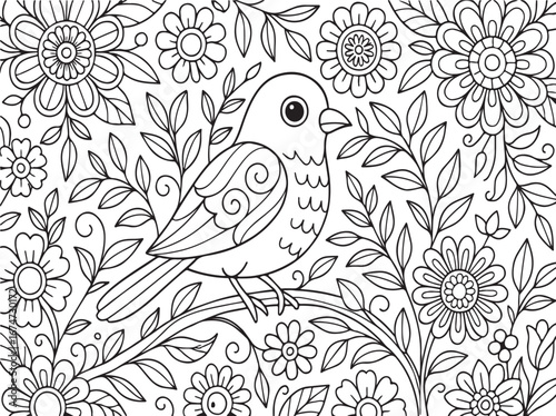 Whimsical Bird and Floral Coloring Page for Relaxation and Creative Expression Artistic Outline Drawing with Intricate Details for Adults and Children