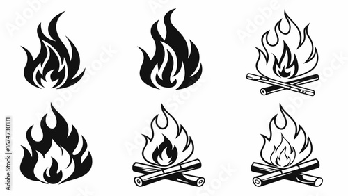 Set of fire flame icons. Campfire and burning wood logs graphic collection. Black and white vector illustration for camping design.