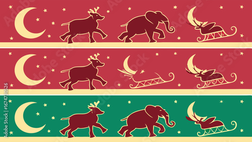Christmas Holiday Pattern with Reindeer, Elephant, Sleigh, Moon, and Stars. Festive Winter Background Banner Design.