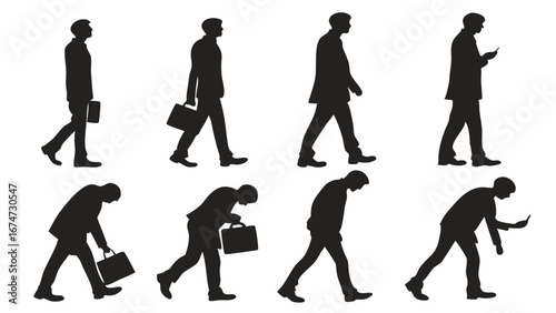 Silhouettes of businessmen walking, showing various emotions from confident to tired, stressed, and depressed. Career path.