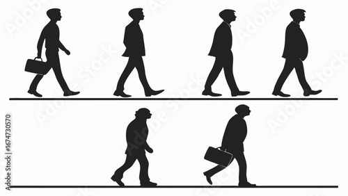 Silhouettes of business men walking. Diverse professional male figures with briefcases representing career journey and corporate progress.