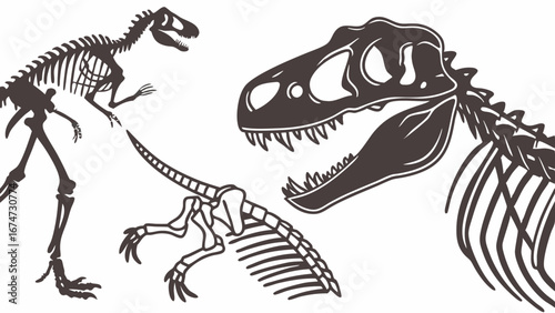 Dinosaur skeletons vector illustration. Prehistoric animal fossils, T-Rex and raptor bones for science and museum exhibits.