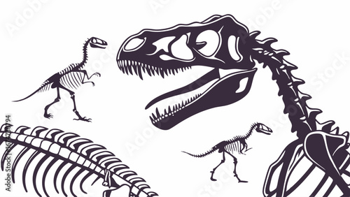 Dinosaur Skeletons Vector Illustration. Prehistoric T-Rex Fossil Bones. Ancient Extinct Animals Paleontology.
