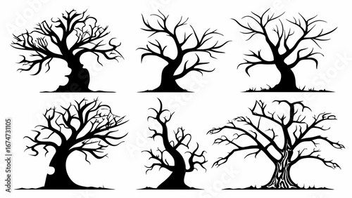 Set of spooky bare trees silhouettes. Dead halloween creepy forest branches. Winter nature vector collection for design.