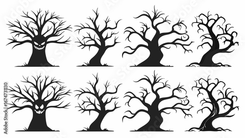 Halloween spooky bare trees silhouette set. Scary haunted dead tree vector collection for autumn horror design and fantasy.