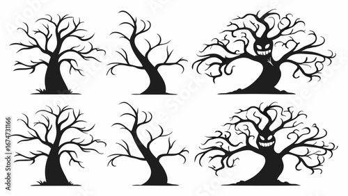 Spooky bare trees set. Halloween scary haunted forest silhouettes. Creepy monster tree collection vector illustration.