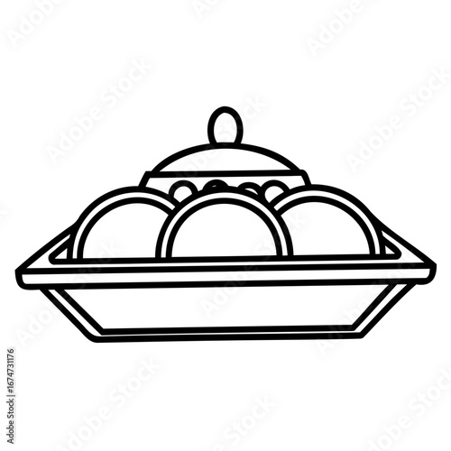 Simple line drawing of a serving dish filled with round food items, possibly dumplings or pastries, covered with a lid, isolated