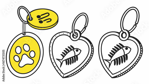 Pet ID tags vector illustration. Dog and cat identification tags with paw print, fish bone, heart, and round shapes.