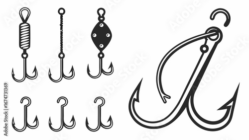 Fishing Hooks Vector Set. Treble Hooks, Fishing Tackle, and Angling Equipment for Sport Fishing Design Elements.