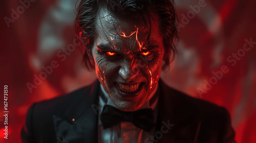 A terrifying aristocratic demon with glowing molten eyes, a corrupt government politician