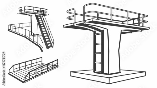 High diving boards and platforms. Swimming pool equipment for summer sports and recreation. Line art vector illustration.