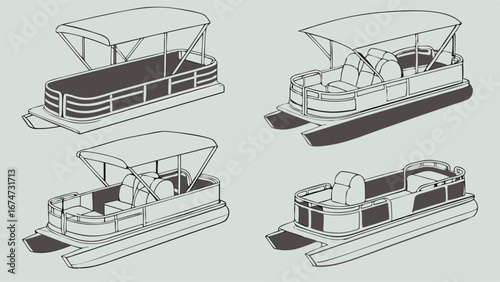 Pontoon boat types vector illustration. Recreational watercraft for marine leisure and summer fun.