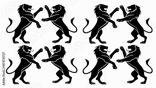 Black Lions Rearing Facing Each Other Heraldic Symbol of Power Strength and Courage. Royal Animal Emblem Design Element Isolated.