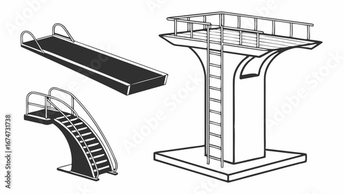 Diving boards and platforms set. Various types of swimming pool equipment for sport, recreation, and summer fun. Water activity.