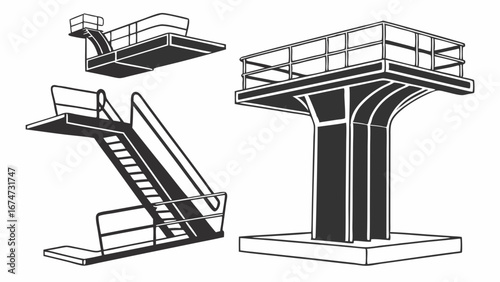 Diving platforms, high dive tower, swimming pool equipment for water sports, recreation, vector illustration.