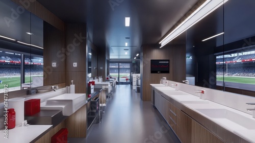 Modern stadium luxury restroom with sinks, mirrors, and stadium view.