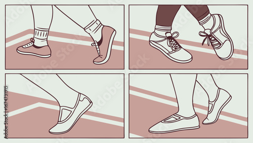 Close up of feet walking in diverse casual shoes on a path. Lifestyle, health, exercise, and fashion footwear. Steps.