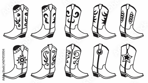 Cowboy boots collection vector illustration. Western country fashion footwear set with different styles in black and white line art.