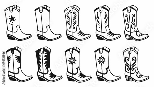 Cowboy boots vector set. Western footwear collection with various boot designs. Country fashion style icons.