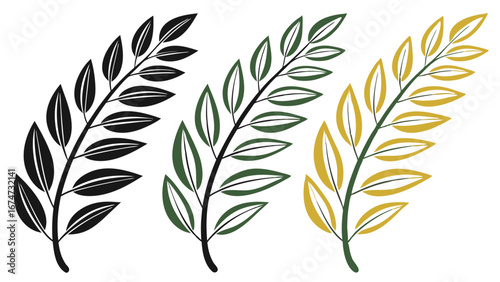 Laurel and olive branch vector set. Green, black, gold leaf symbols. Peace, victory, award design elements.
