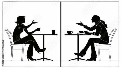 Man and woman talking, business meeting, interview, communication, discussion, different perspectives, cafe tables silhouette.