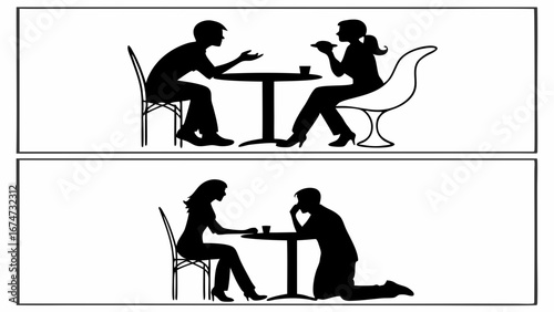 Romantic couple on a date, man proposing marriage to woman. Love, relationship, engagement, cafe, silhouette illustration.