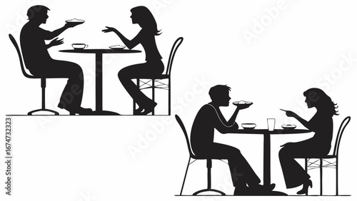 Silhouette of couples dining in a restaurant. People eating at tables. Romantic date night or social gathering concept.
