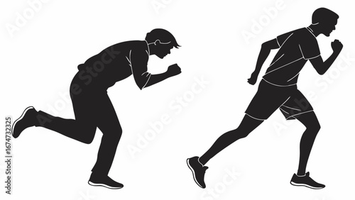 Running men silhouettes. Two male athletes sprinting, starting a race. Sport, fitness, speed, action, movement, energy.