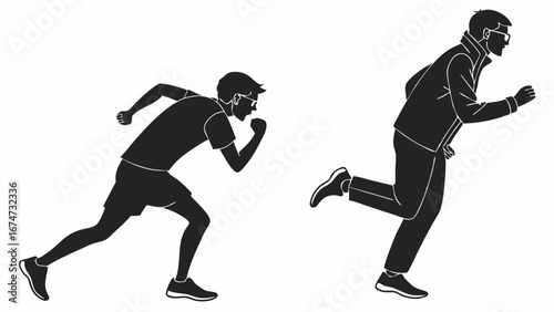 Two men running silhouette, male athletes jogging and sprinting, sport fitness health and exercise concept