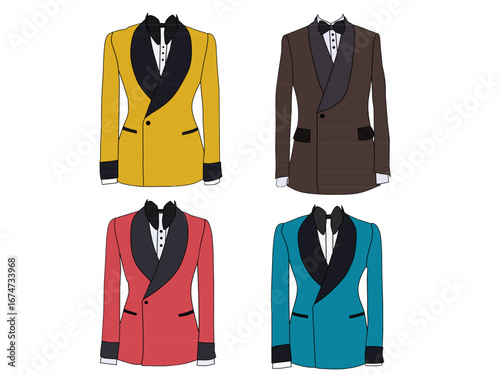 Clip art red, brown, yellow, and blue tuxedo with a black bow tie on white background.