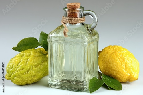 Captivating arrangement of fresh lemons and a vintage glass bottle encapsulating the essence of natural goodness and culinary elegance in a minimalist setting of neutral tones