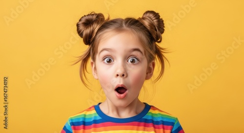 Niña con expresión sorprendida aislada sobre fondo amarillo.