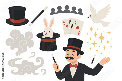 A magician surrounded by his tools, ready to perform his tricks, holding a magic wand. The image captures the essence of wonder and enchantment.