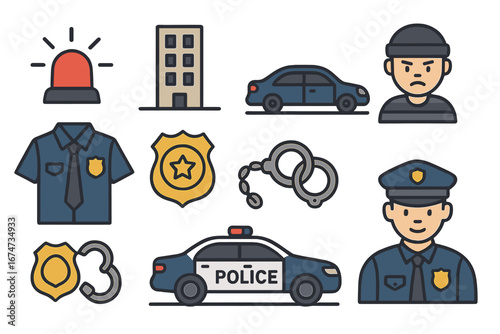 A police officer cartoon icon set, representing law and order. The set includes a police car, uniform, badge, handcuffs, siren and other related icons