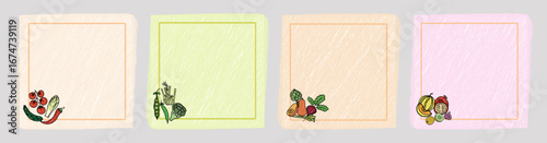 A Vector collection of hand-drawn fruit and vegetable frames on pastel scribble backgrounds. For labels, recipe cards, organic food packaging, kitchen decor, menu design, healthy food projects.